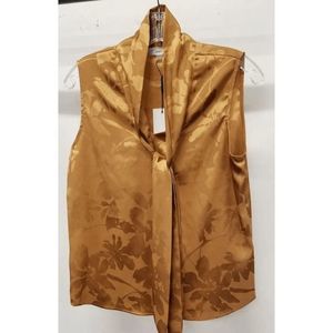 CALVIN KLEIN Sleeveless Jacquard Bow Gold Blouse Size XS NWT